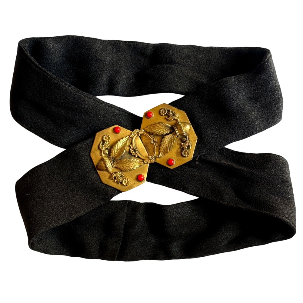 Vintage Antique Black Crepe Belt Brass Acorn Buckle Red Cabochon Victorian Style